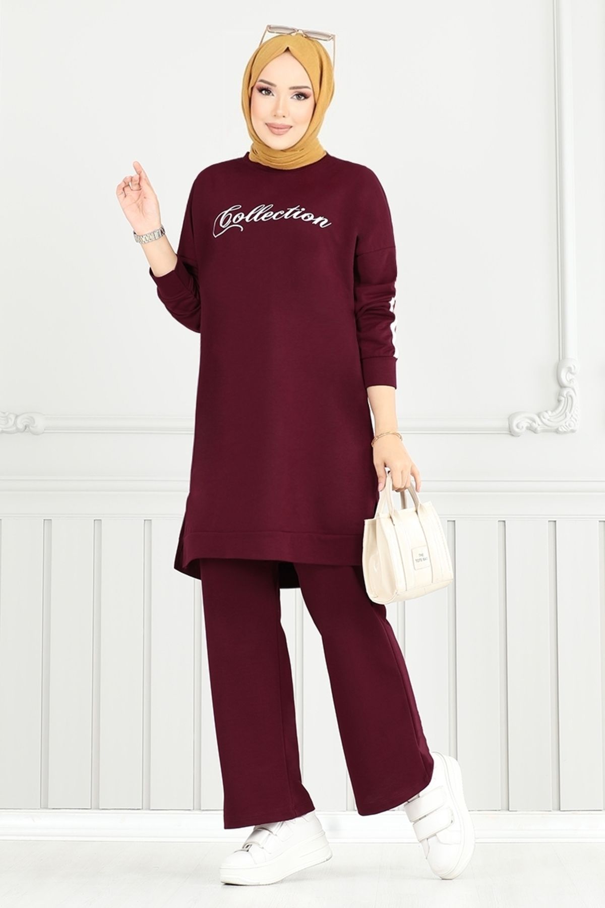 ModaMerve Yazı Baskılı Tesettür Takım 4107PM1063-M Bordo