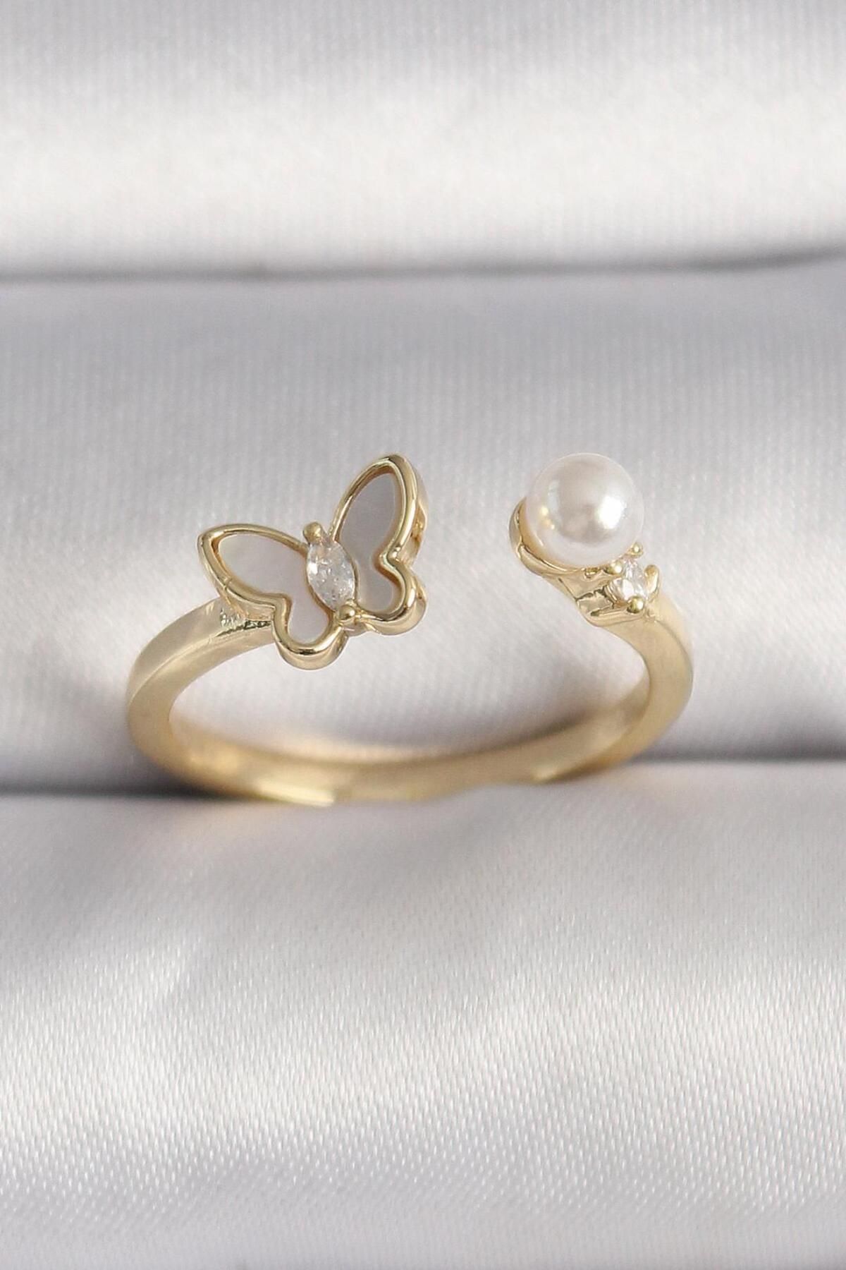 AfraBeauty 925 Ayar Paslanmaz Çelik Gold Zirkon Taş Detay Beyaz Mineli Kelebek Model İnci Ayarlanabilir Yüzük