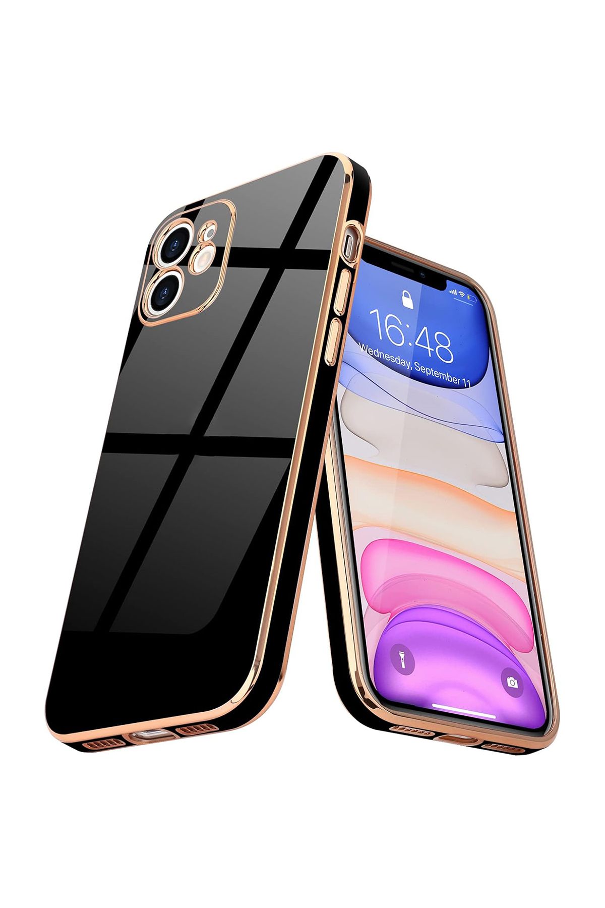 Merwish iPhone 11 Uyumlu Lazer Kesim Gold Çerçeve Siyah Kapak Kılıf