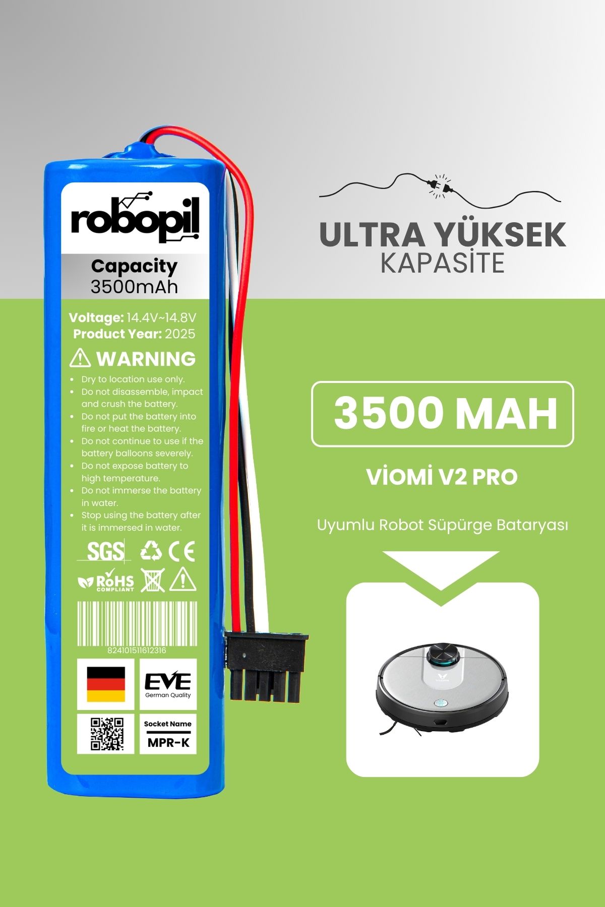 ROBOPİL Viomi V2 Pro Uyumlu Batarya (ULTRA YÜKSEK KAPASİTE) 3500mah Pil Robot Süpürge Bataryası Değişimi