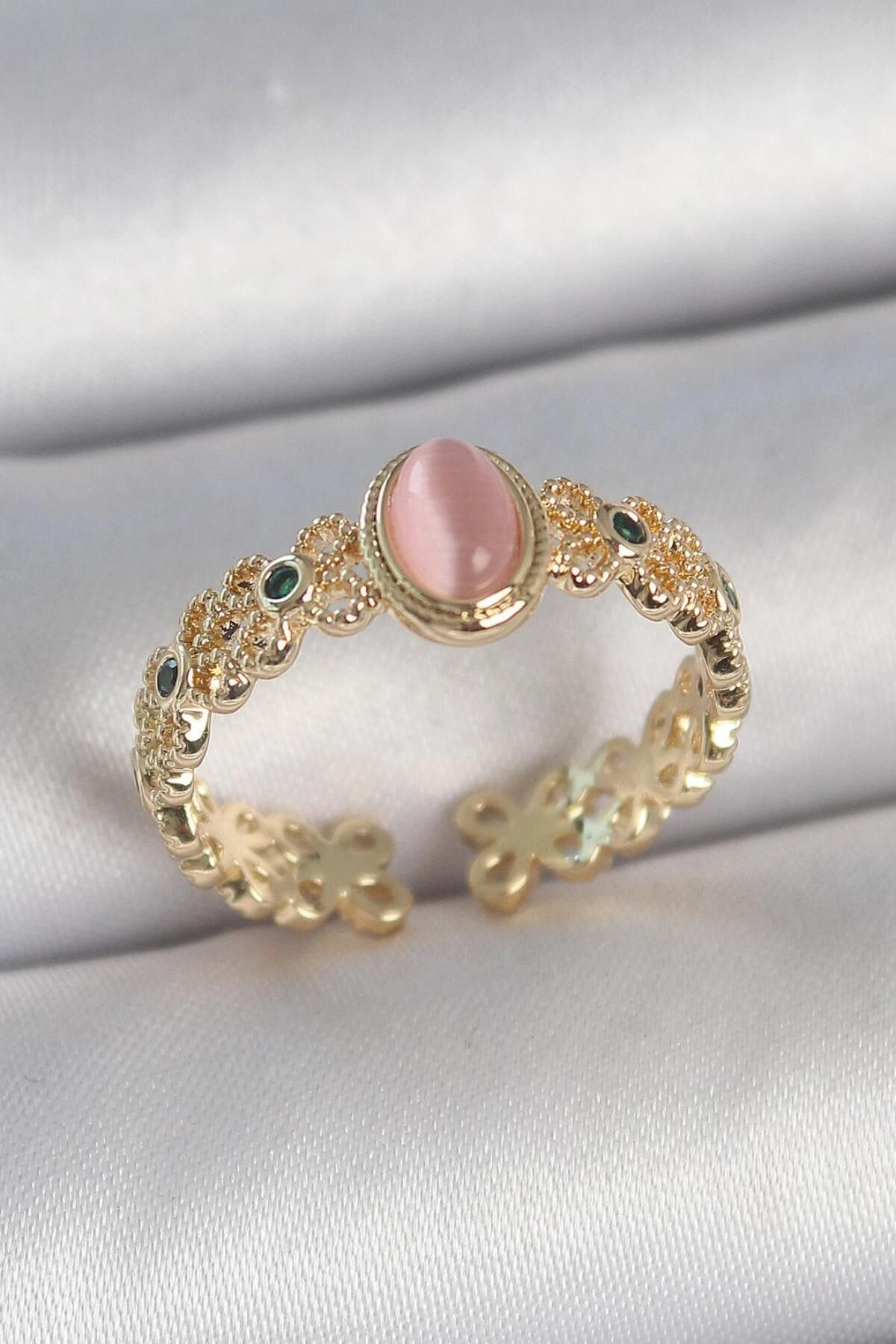 AfraBeauty 925 Ayar Paslanmaz Çelik Gold Zirkon Taş Detaylı Pembe Mineli Damla Model Ayarlanabilir Yüzük
