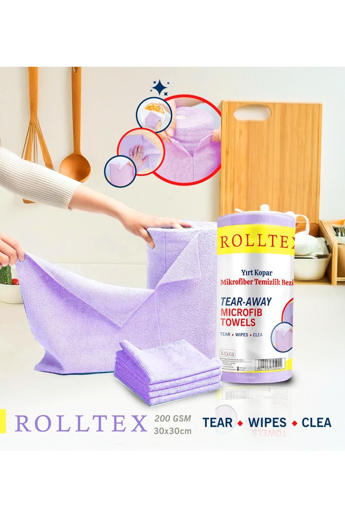 ROLLTEX Çok Amaçlı Yırt Kopar Rulo Mikrofiber Temizlik Bezi 30x30cm 20 Yapraklı MOR RENK