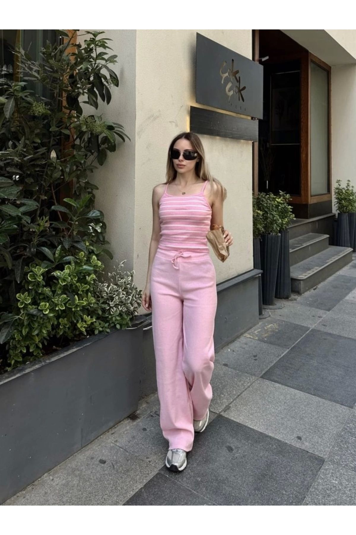 Butik Kadın Kaşkorse Kumaş Askılı çizgili Takım