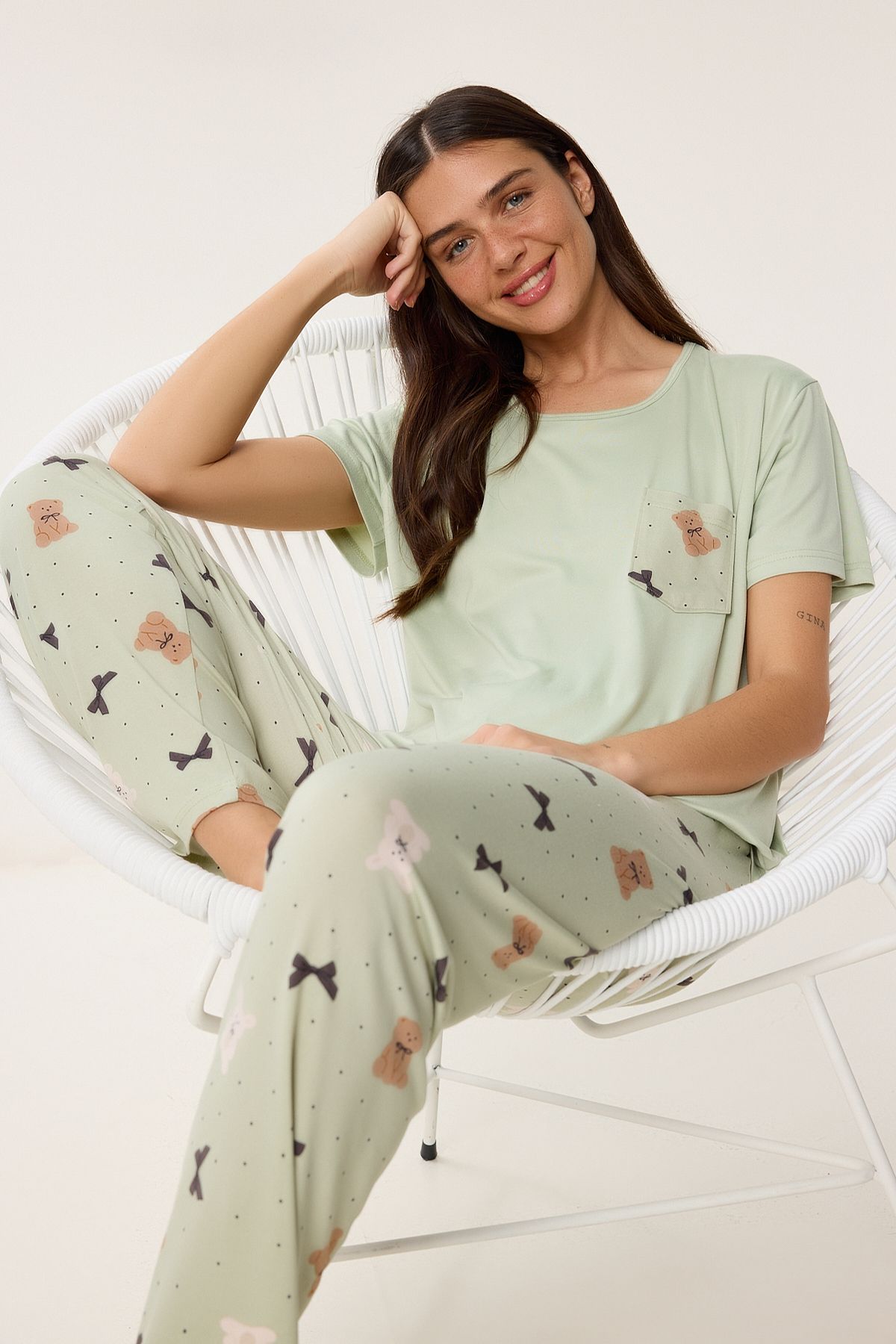 Lovelyİstanbul Ayıcık Desenli Örme Pijama Takımı ÇAĞLA YEŞİLİ LPQ0012