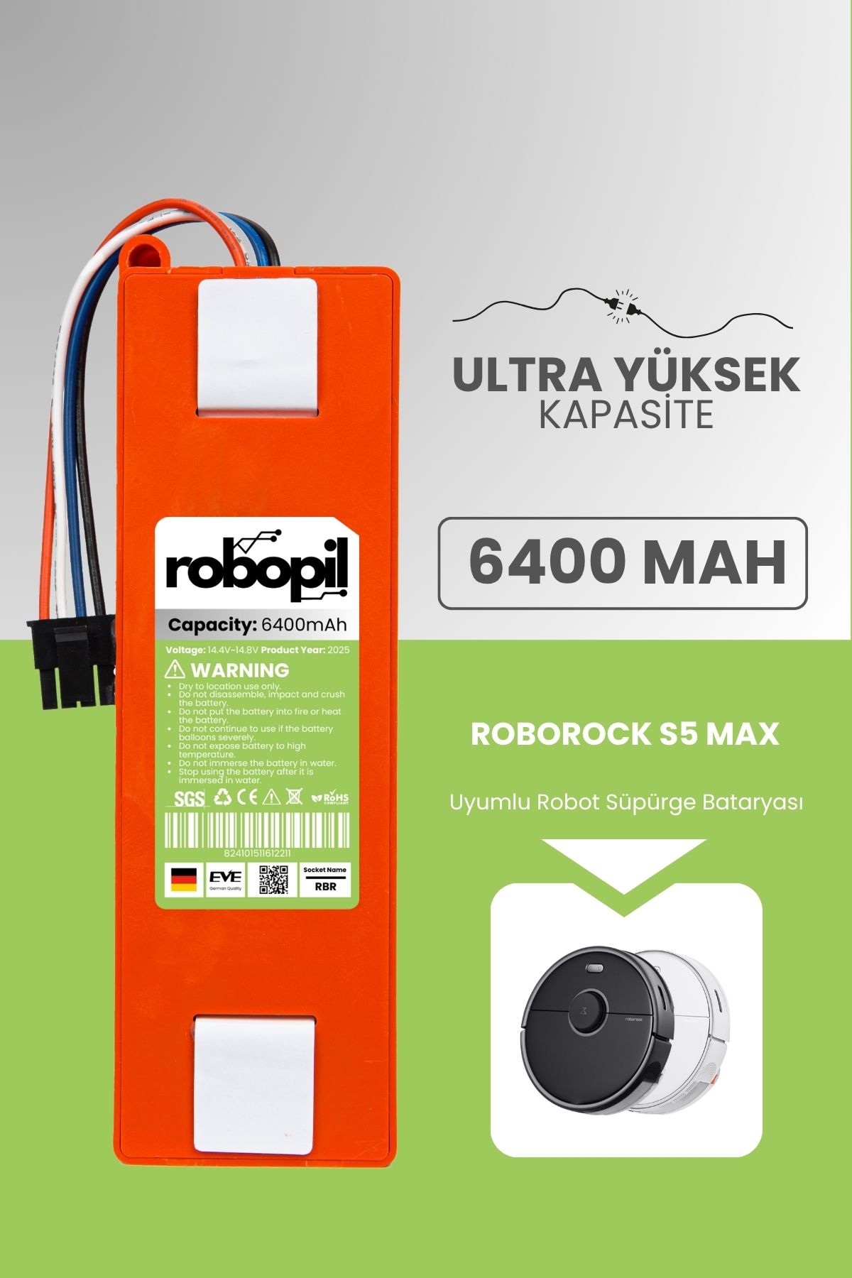 ROBOPİL Roborock S5 Max Uyumlu Batarya (ULTRA YÜKSEK KAPASİTE) 6400mah Robot Süpürge Bataryası Değişimi
