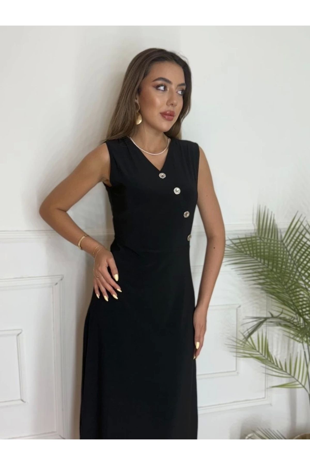 Butik Kadın Düğme Detay Kolsuz Maxi Boy Elbise