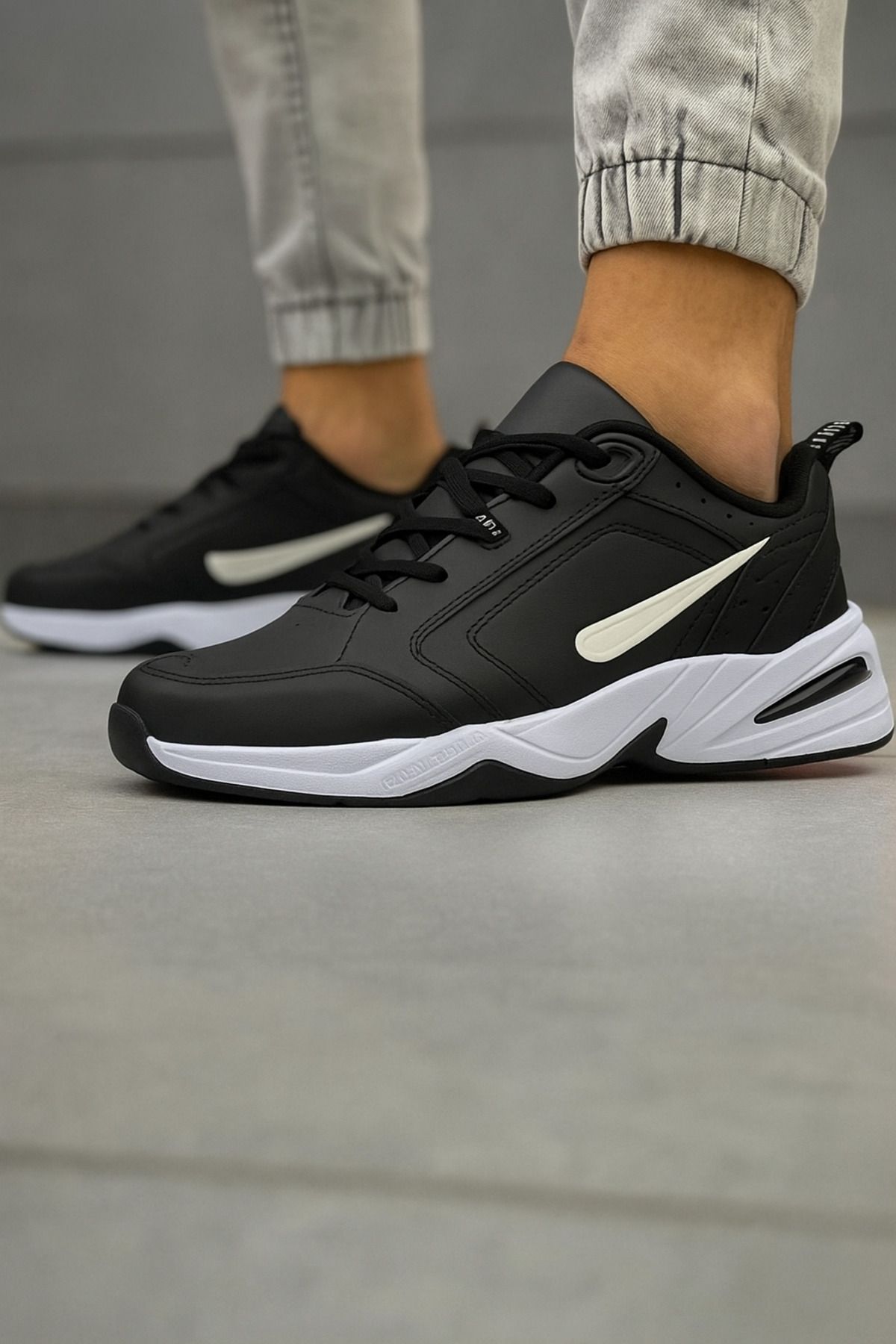 asyada fashion taban kalın düz siyah cilt sneaker ayakkabı kadın spor erkek spor