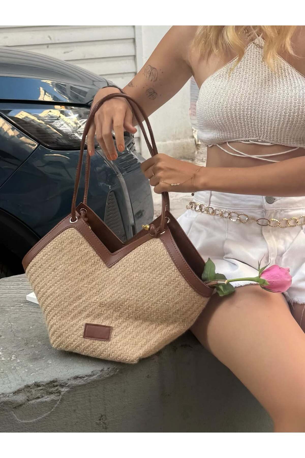 Blue Bagg NATURA Hasır Kadın Çanta – Kahverengi Saplı, Fular Detaylı Yaz Stili