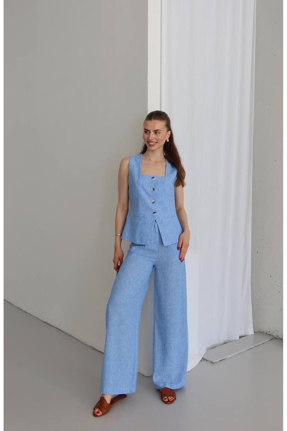 Women Square Neck Linen Two-Piece Set Baby Blue - Görsel 6