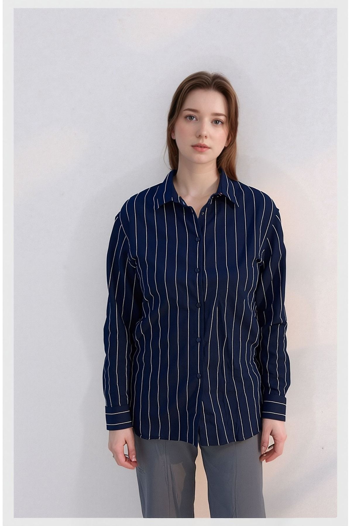 VNYA collection Çizgili Lacivert Oversize Kadın Gömlek
