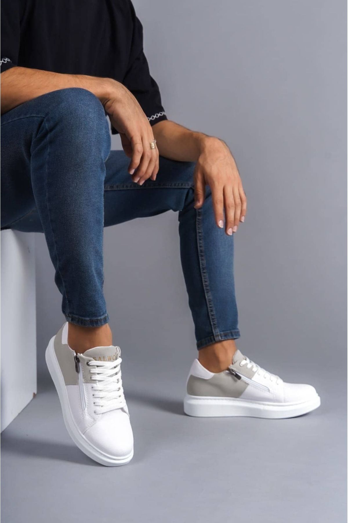 EBRUS TREND ET155 Warrior Bağcıklı ve Fermuarlı Cilt Süet Erkek Günlük Sneaker Ayakkabı BT - Beyaz/Gri