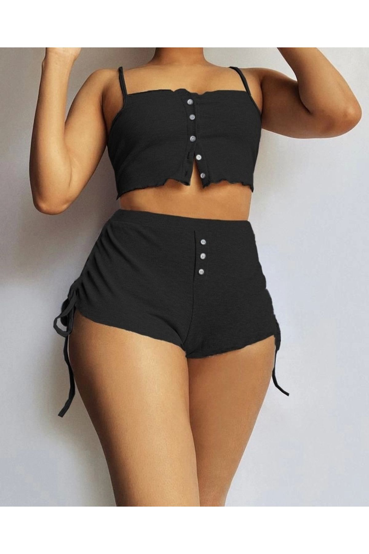 Silerra Kadın Ip Askılı Crop Bluz Ve Yanlardan Büzgülü Ikili Kaşkorse Short Takım