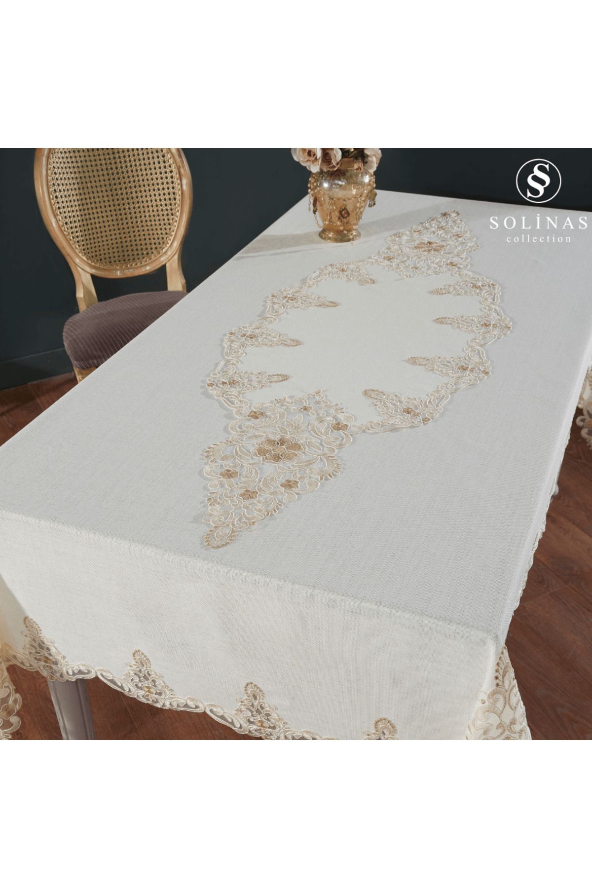 Solinas Collection Roma Krem Linen Kumaş Vizon Nakışlı Masa Örtüsü Ve Runner