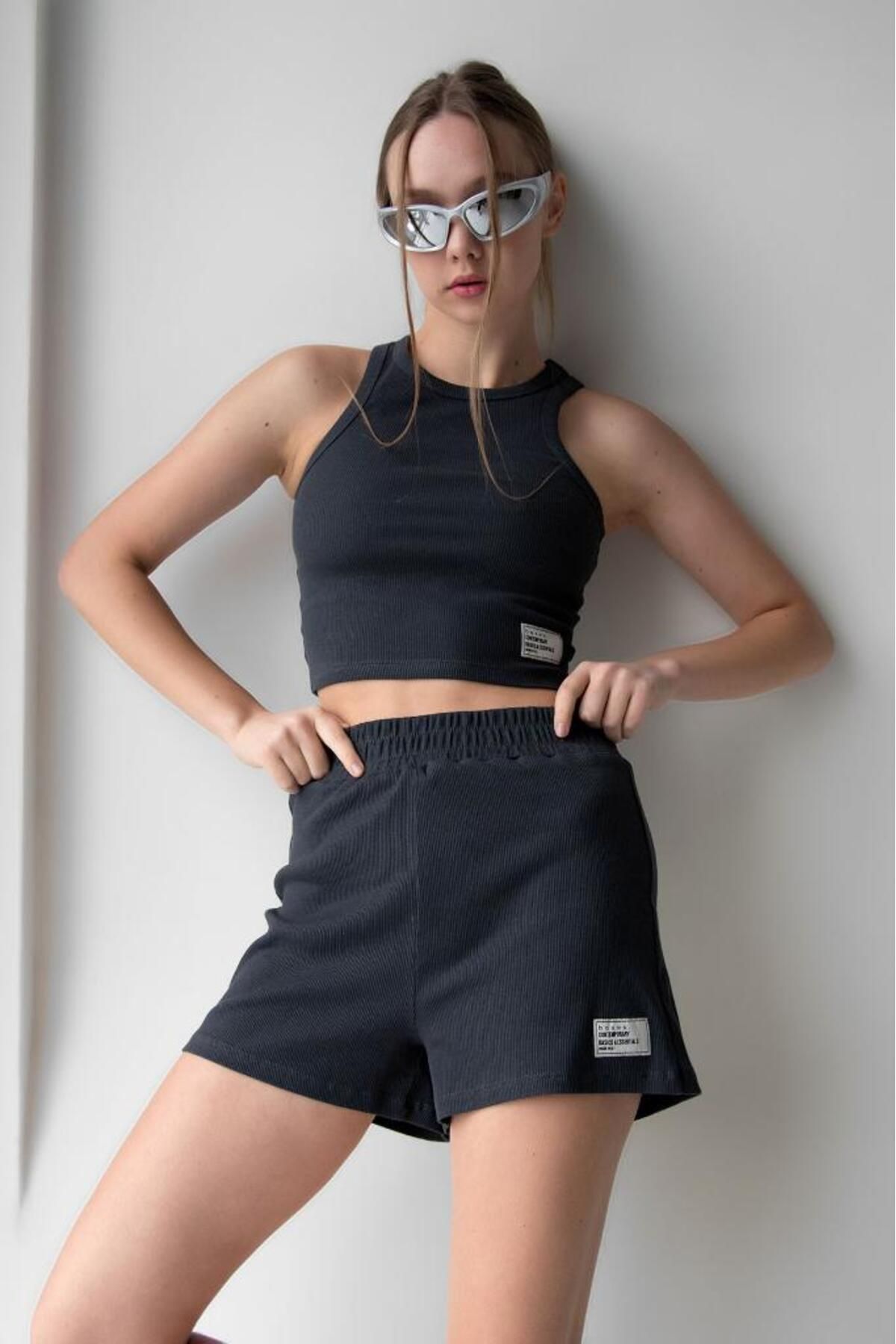 bases. Kadın Saks Halter Yaka Fitilli Crop Örme Atlet