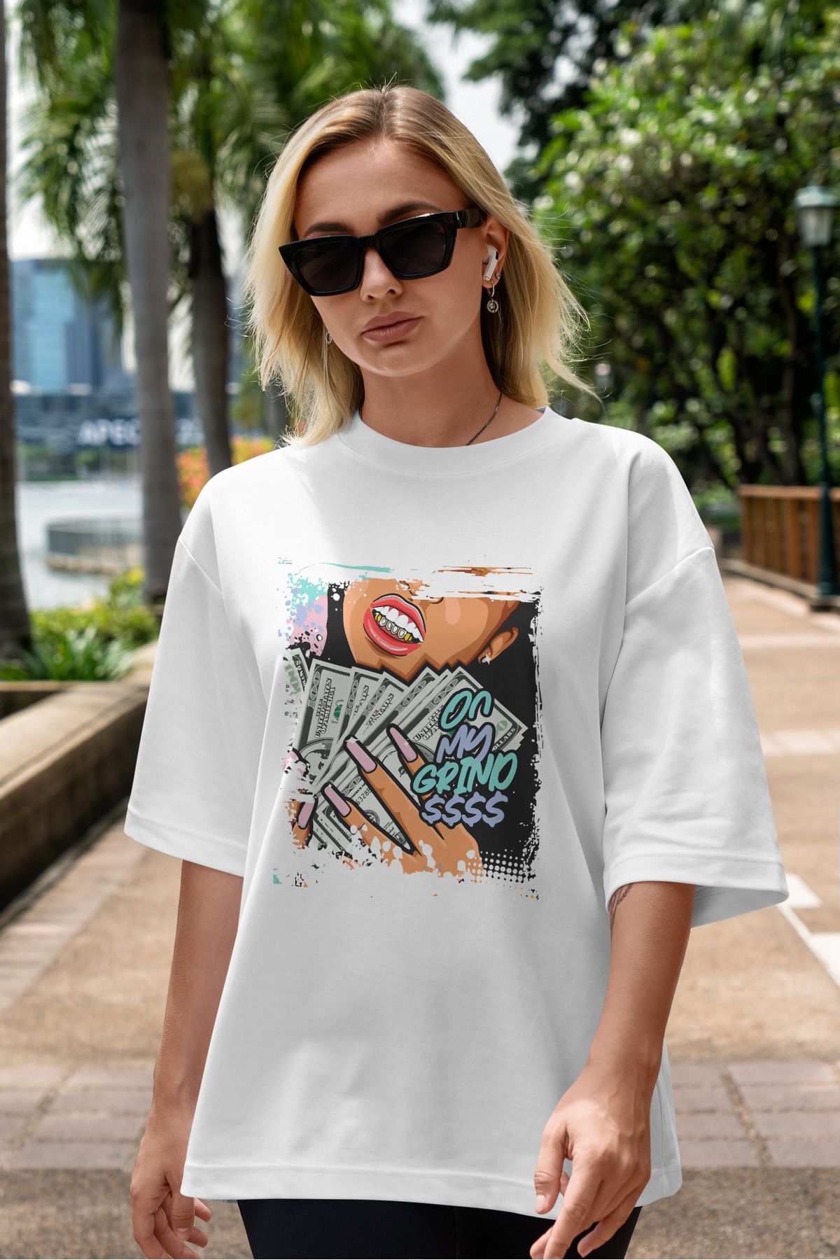 ELFAMİ Unisex Erkek/Kadın ON MY GRIND Özel Baskılı Oversize Pamuklu Bisiklet Yaka T-Shirt