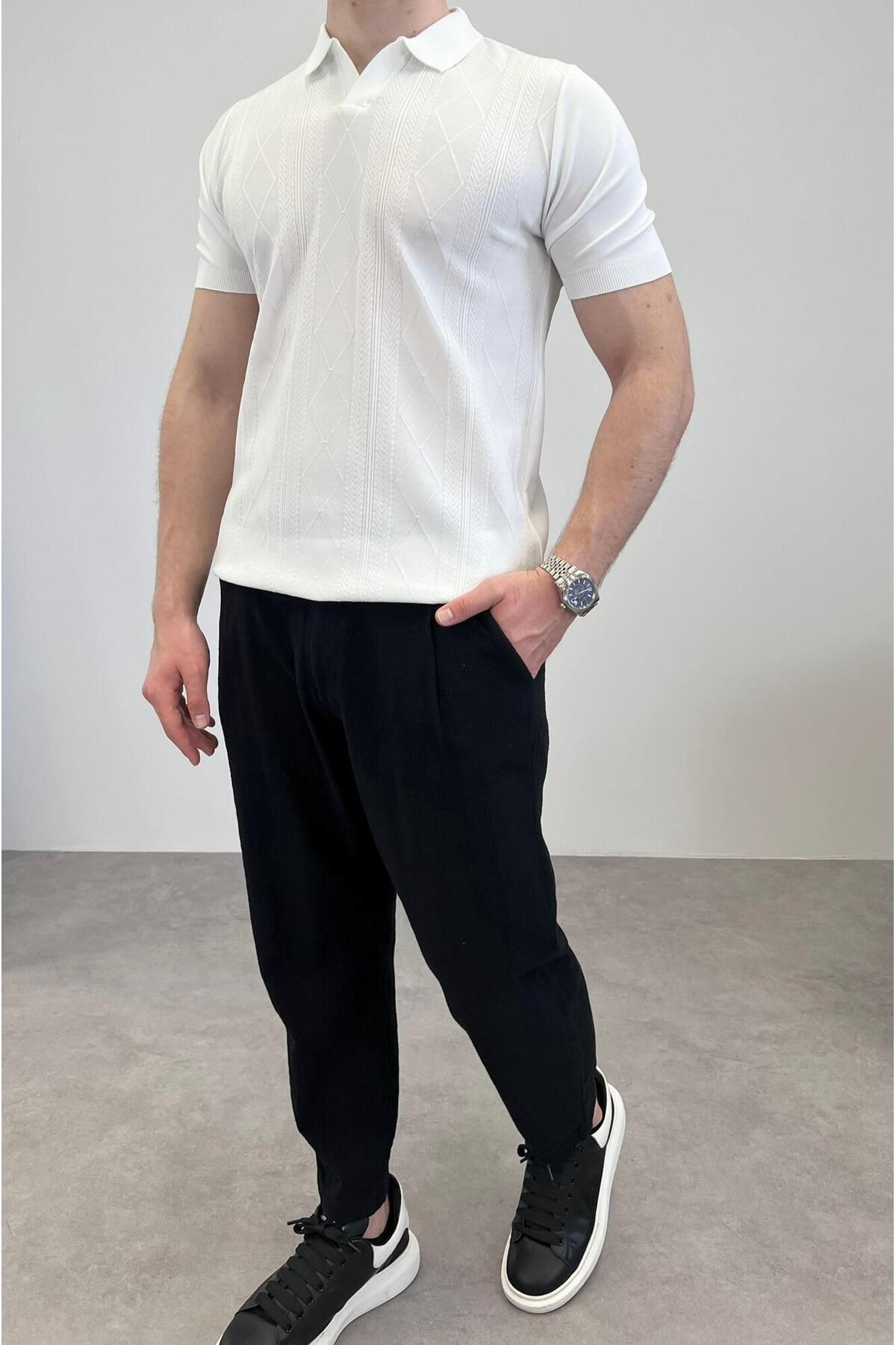RIESGO ÖRME POLO YAKA ETNİK DESEN BEYAZ
