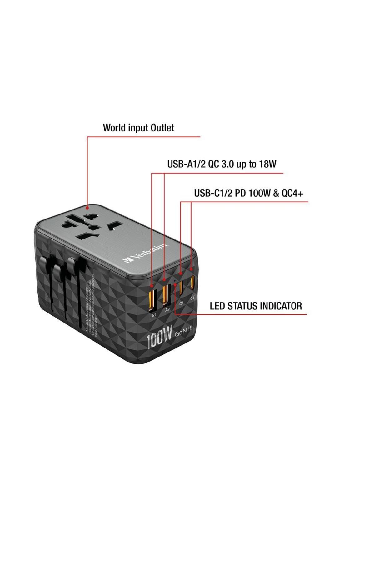 Verbatim-Incarcator retea de calatorie universal Verbatim UTA-06, 100 W, 2xUSB-C PD & QC 4+ & 2 x USB-A QC 6