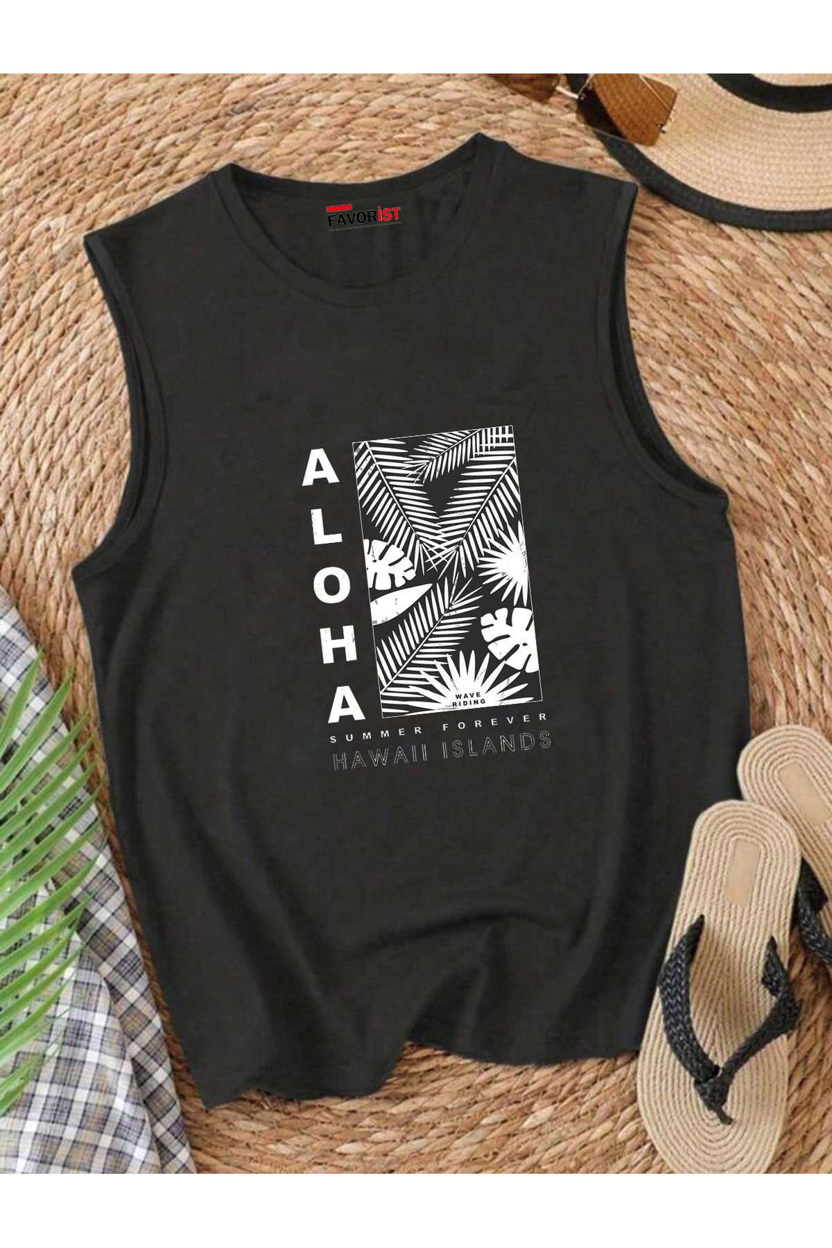 FAVORİST ALOHA SUMMER Omuzu Açık Kadın Pamuklu Kolsuz Yazlık T-shirt Atlet