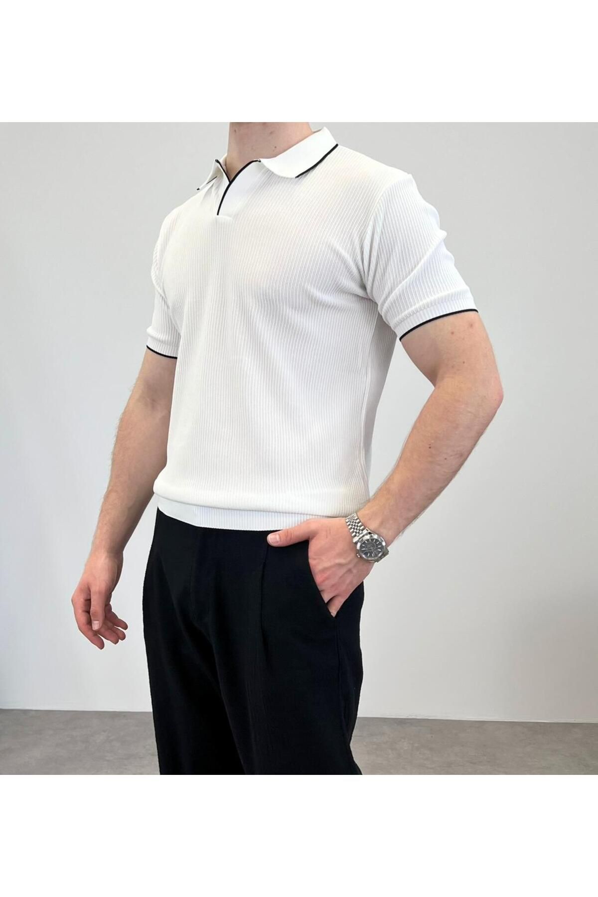 RIESGO ÖRME POLO YAKA ŞERİTLİ T-SHIRT BEYAZ