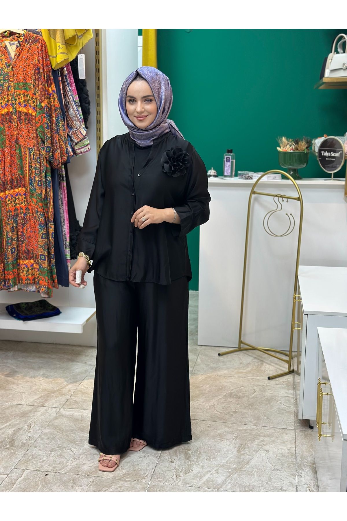 Talya scarf İthal takım siyah çiçekli