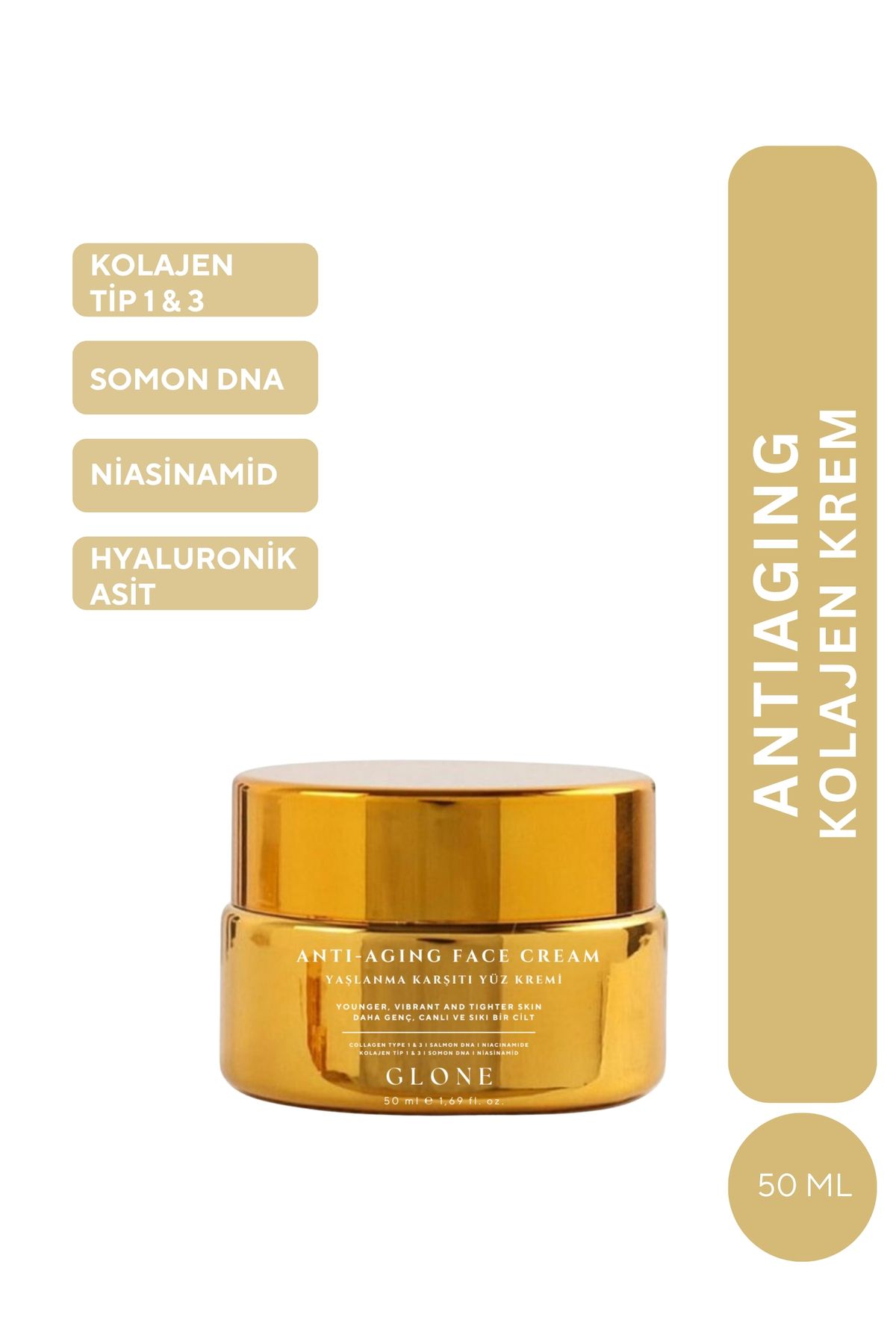GLONE Anti Aging Kolajen Krem 50ml | Kollajen I&III+Somon DNA&Niasinamid-Sıkılık+Nem+Işıltı | HA&Calendula
