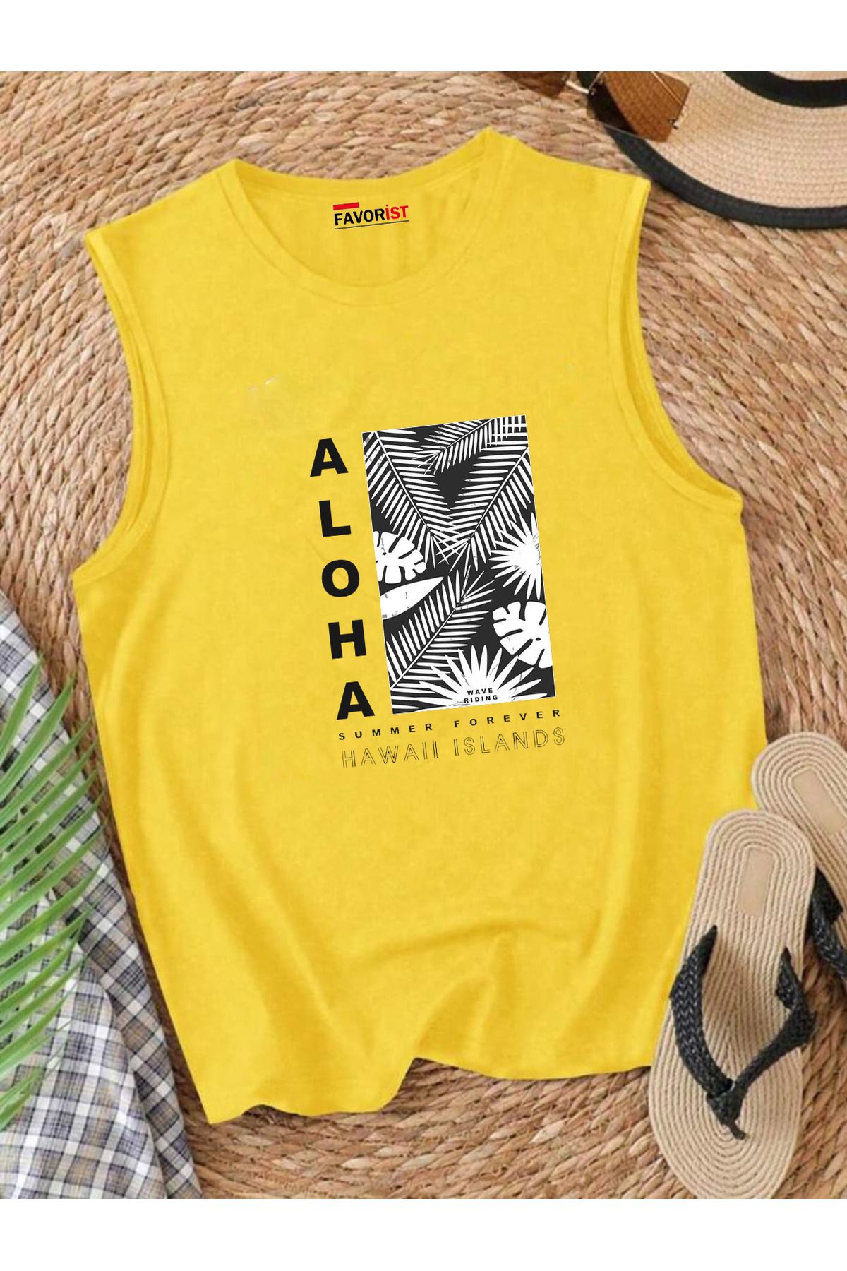 FAVORİST ALOHA SUMMER Omuzu Açık Kadın Pamuklu Kolsuz Yazlık T-shirt Atlet