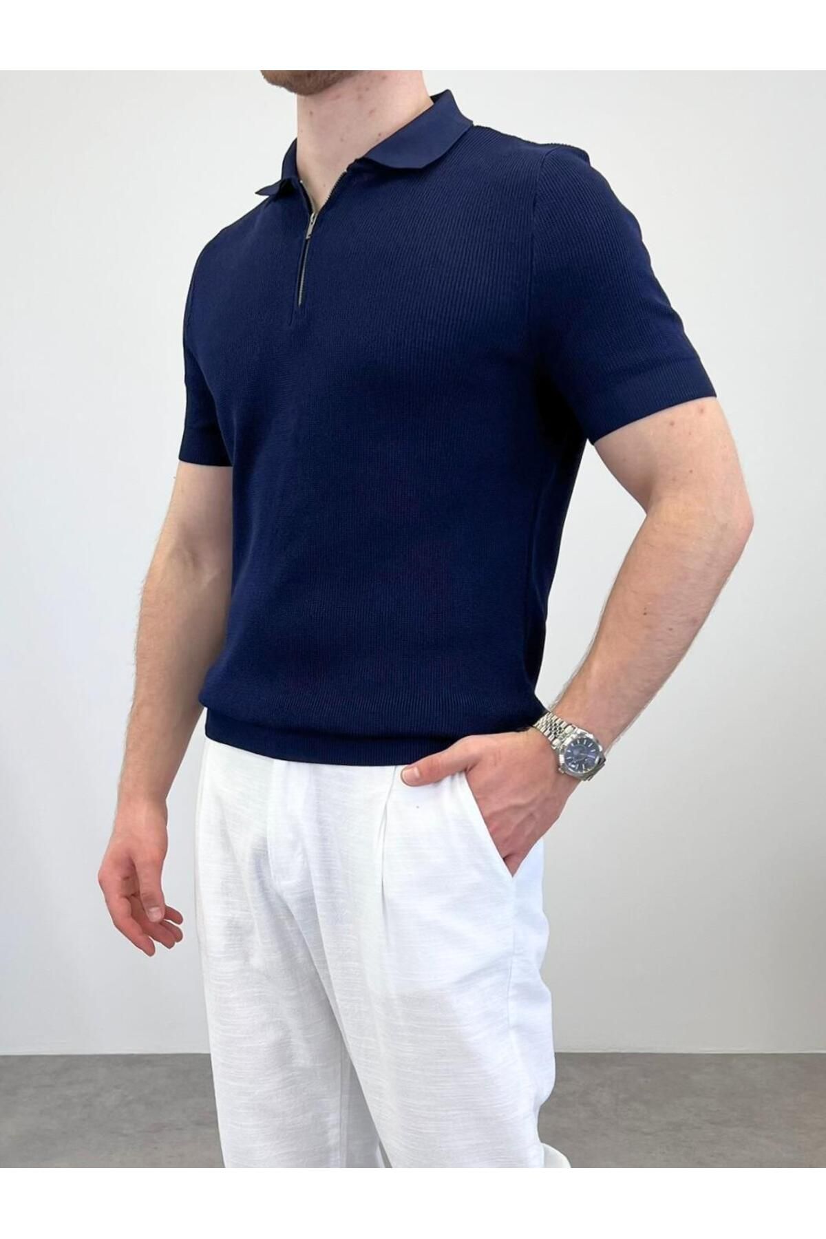 RIESGO ÖRME POLO YAKA FERMUARLI T-SHIRT LACİVERT