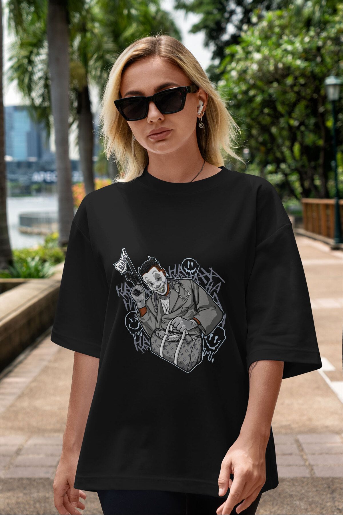 ELFAMİ Unisex Erkek/Kadın BANG Özel Baskılı Oversize Pamuklu Bisiklet Yaka T-Shirt