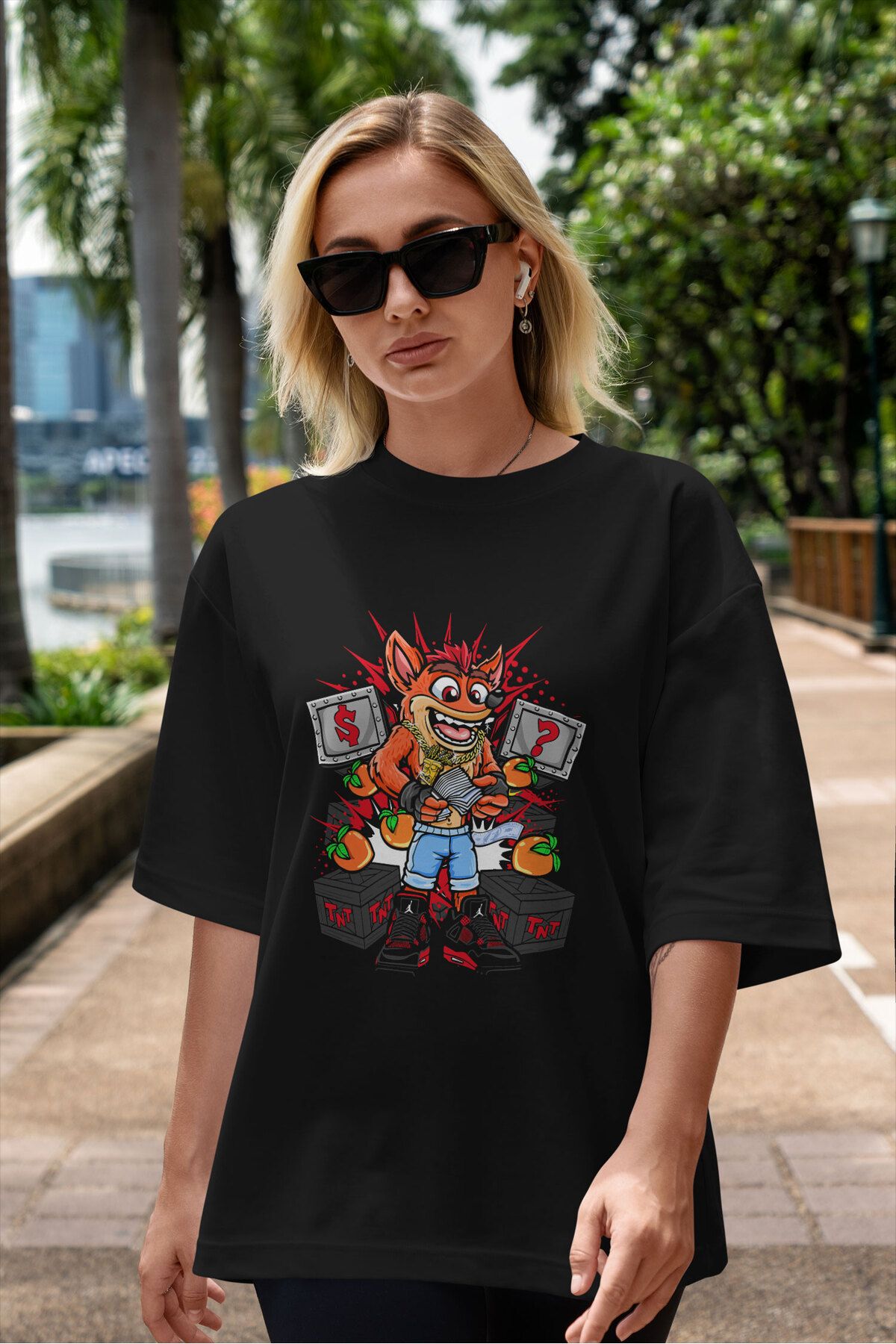 ELFAMİ Unisex Erkek/Kadın CRASH Özel Baskılı Oversize Pamuklu Bisiklet Yaka T-Shirt