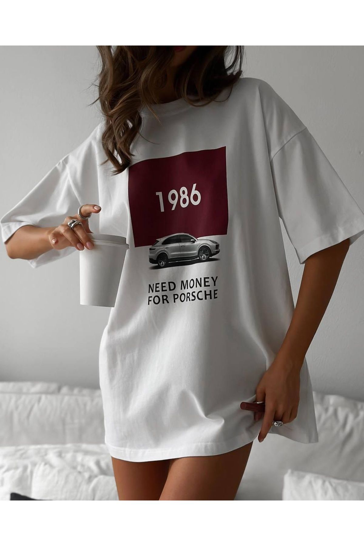 GUARAZ Kadın %100 Pamuk Oversize Fİt Bisiklet Yaka Baskılı Yazlık Beyaz T-shirt