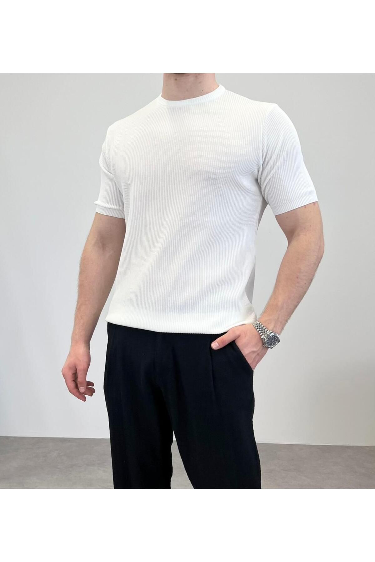 RIESGO ÖRME BİSİKLET YAKA İNCE FİTİLLİ T-SHIRT BEYAZ