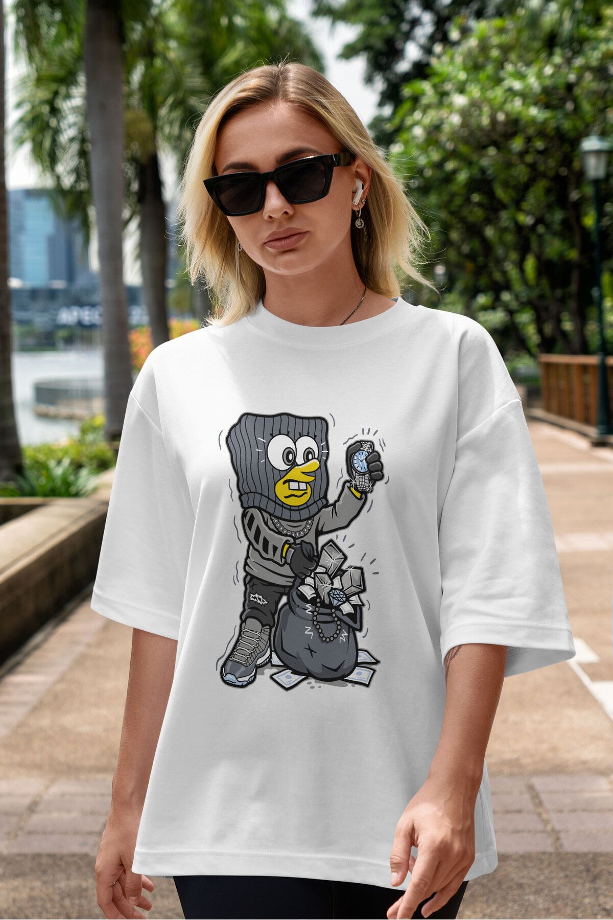 ELFAMİ Unisex Erkek/Kadın SÜNGER BOB Özel Baskılı Oversize Pamuklu Bisiklet Yaka T-Shirt