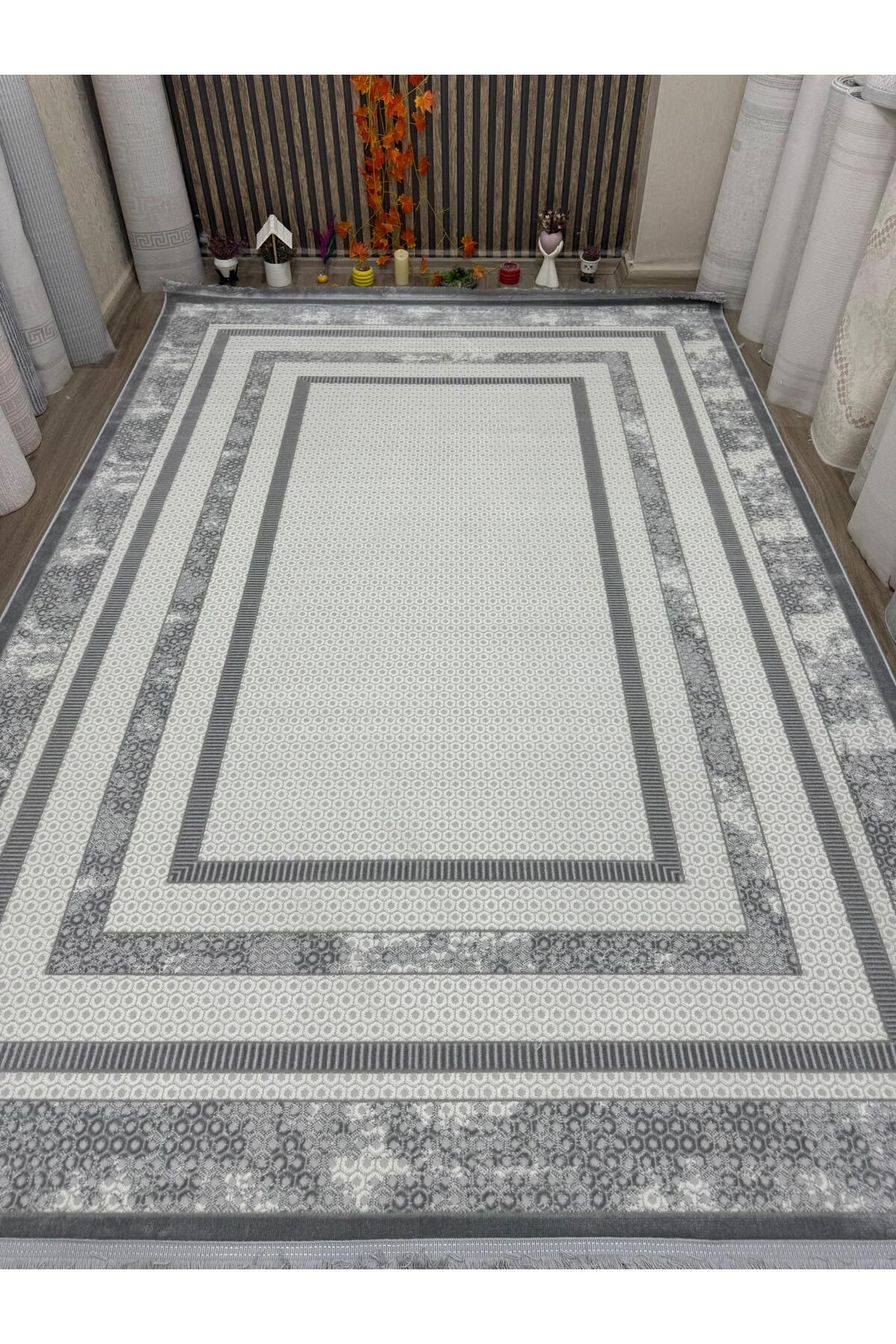NEHİRR Modern Gri Beyaz Geometrik Desenli Halı