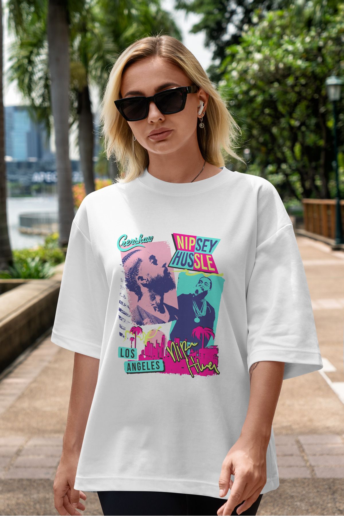 ELFAMİ Unisex Erkek/Kadın NIPSEY HUSSLE Özel Baskılı Oversize Pamuklu Bisiklet Yaka T-Shirt