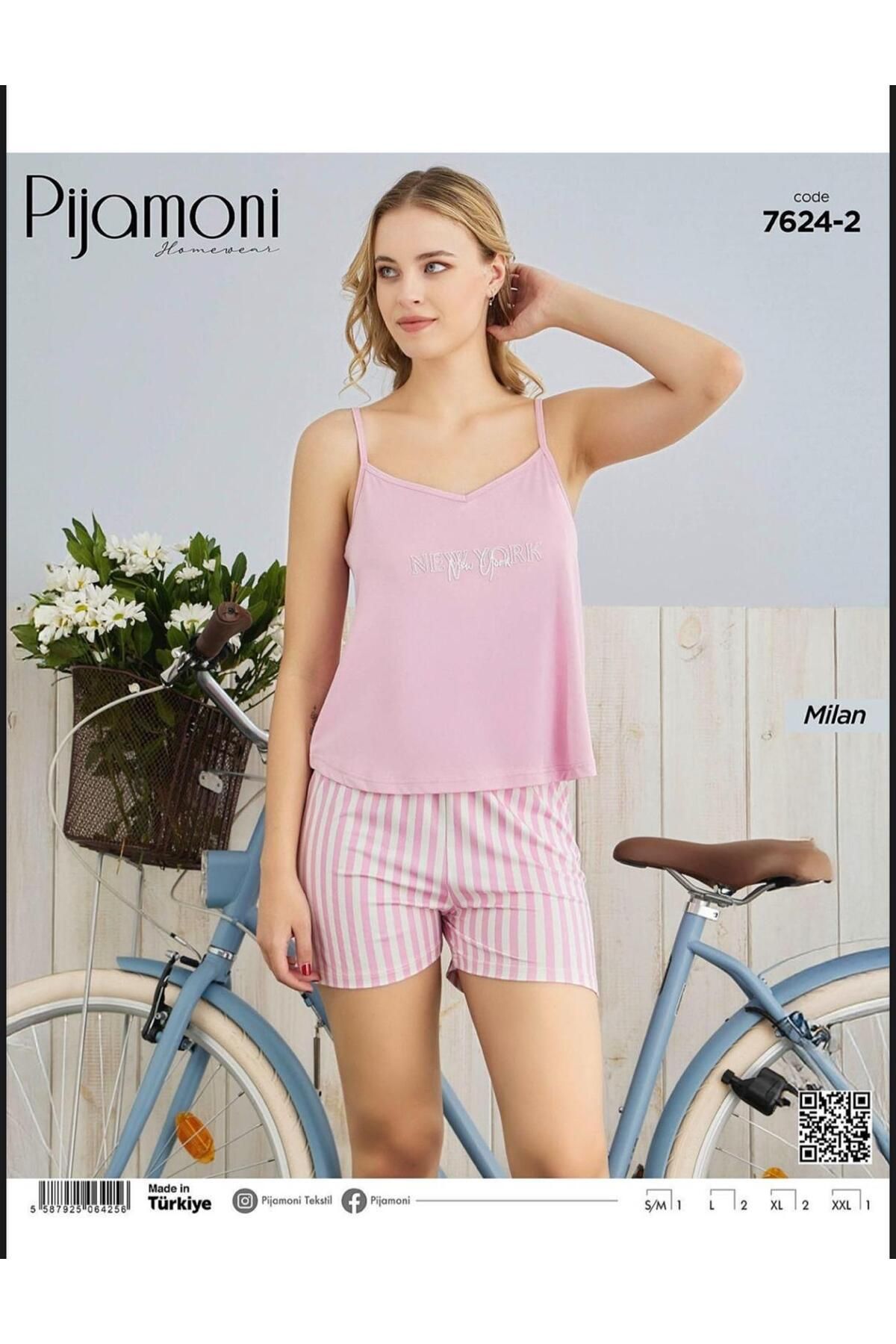 Pijamoni PEMBE İNCE ASKILI MİLAN KUMAŞ PİJAMA TAKIMI