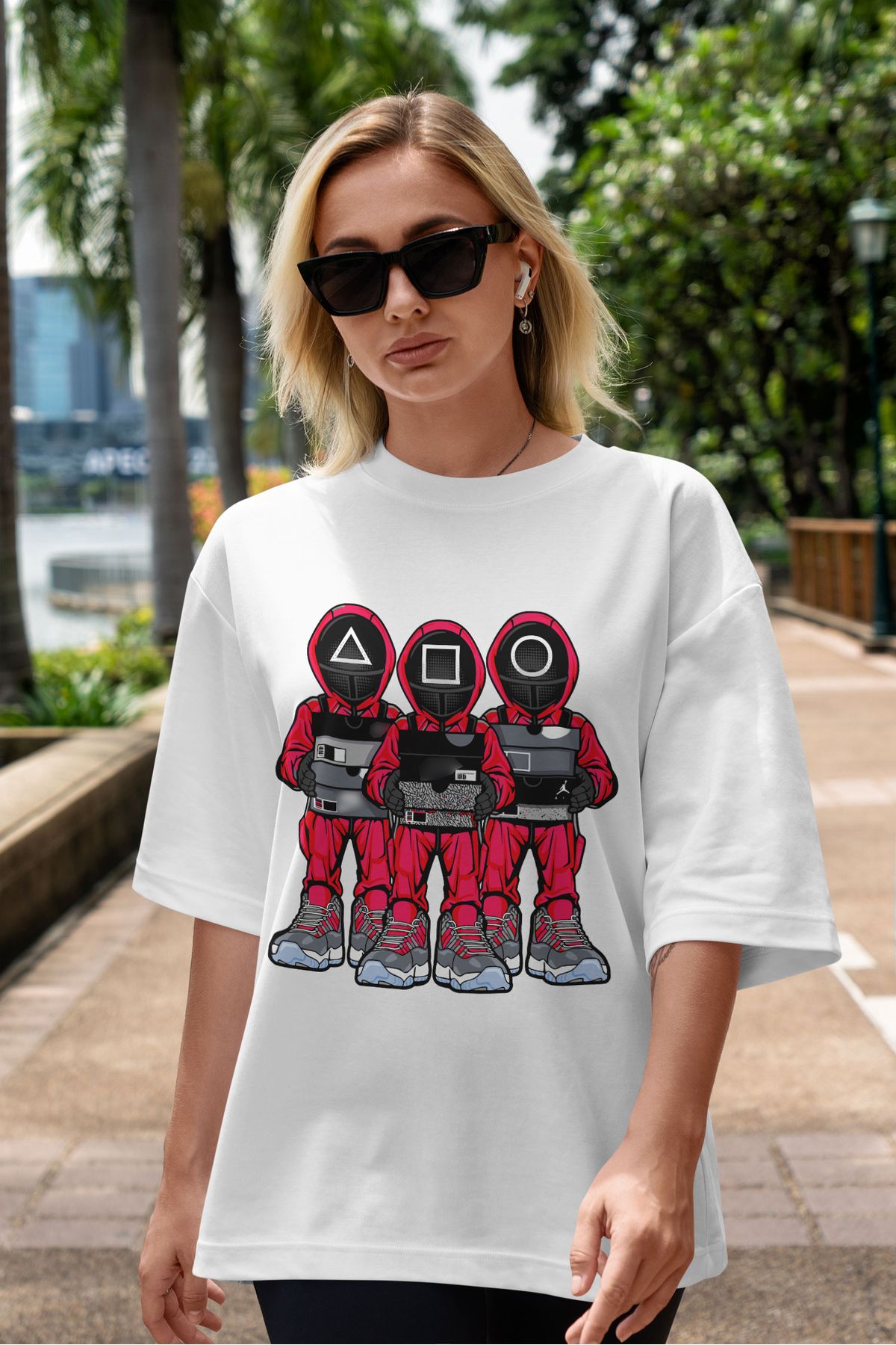 ELFAMİ Unisex Erkek/Kadın SQUID GAME Özel Baskılı Oversize Pamuklu Bisiklet Yaka T-Shirt