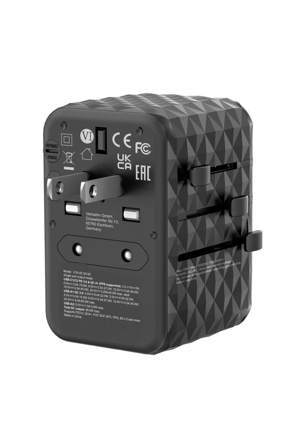 Verbatim-Incarcator retea de calatorie universal Verbatim UTA-05, 65 W GaN3, 2 x USB-C PD & QC 4+ & 11