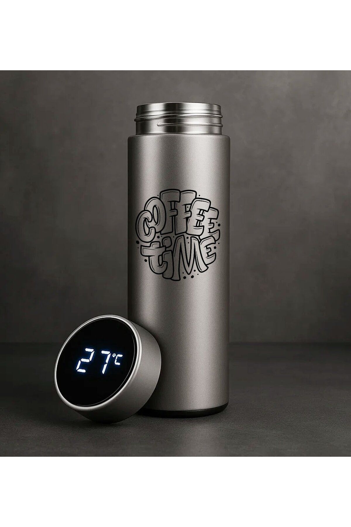 Bk Gift Coffee Tasarımlı Filtreli Dijital Göstergeli Gümüş Çelik Termos-4, Arkadaşa Hediye, Sevgiliy