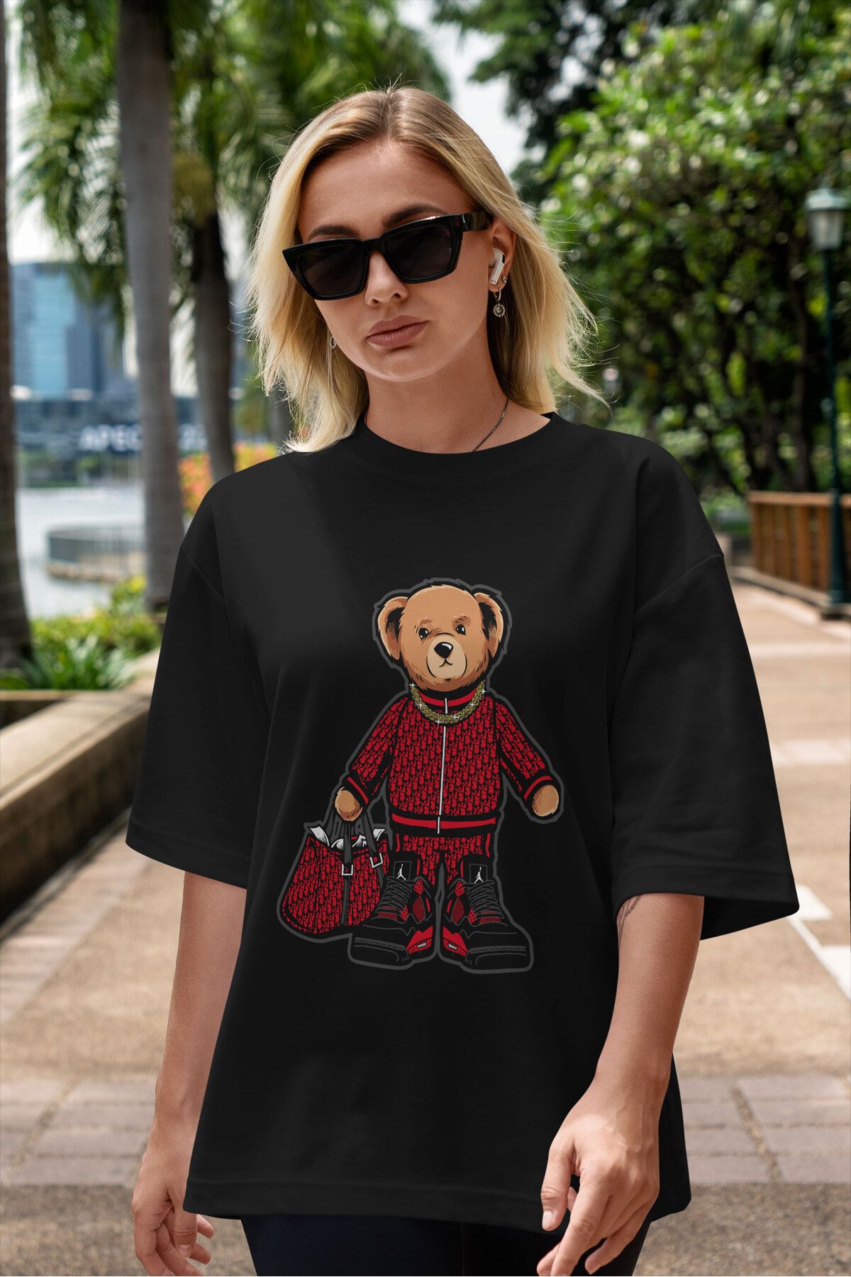 ELFAMİ Unisex Erkek/Kadın RICH BEAR Özel Baskılı Oversize Pamuklu Bisiklet Yaka T-Shirt
