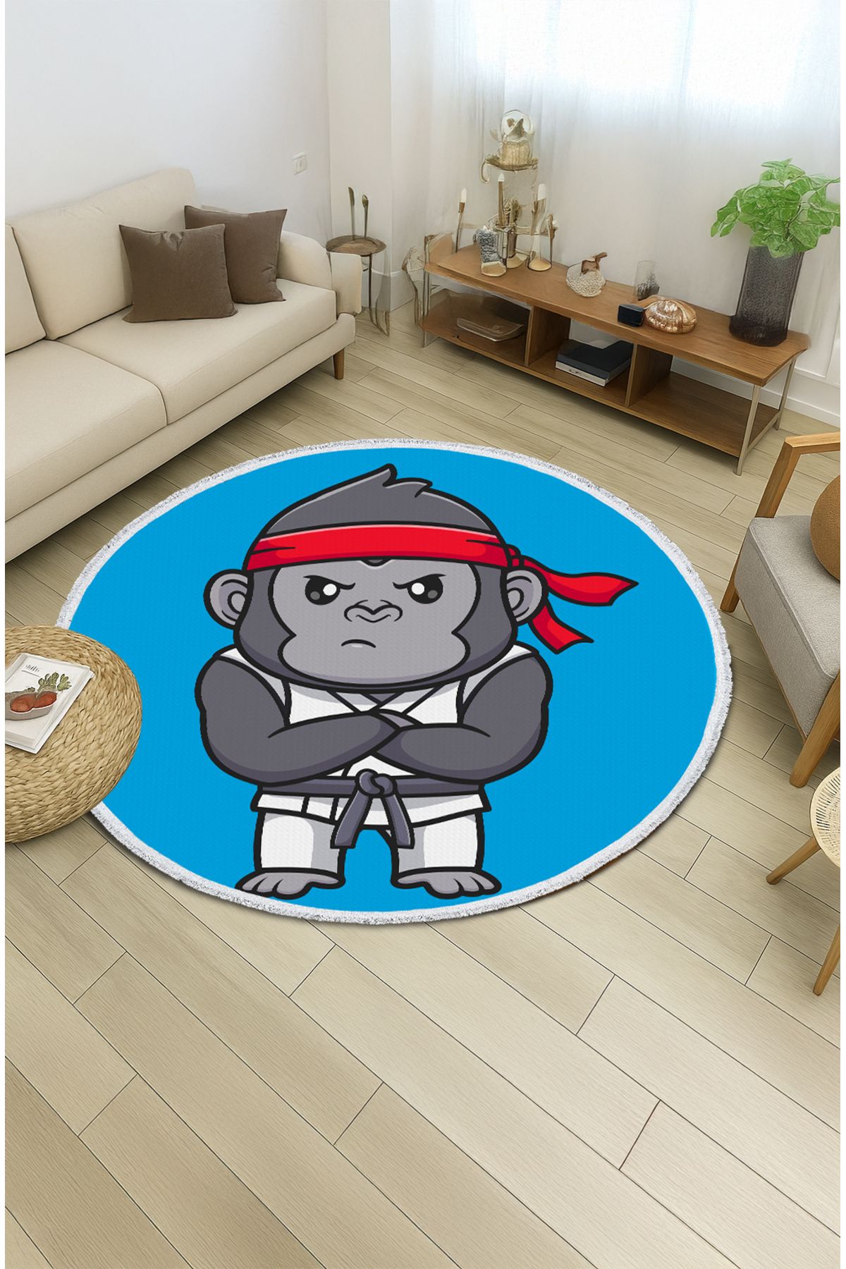 TNYLOF Çocuk odası halısı - Karateci Gorilla Desenli Mavi Zemin Eğlenceli Halı