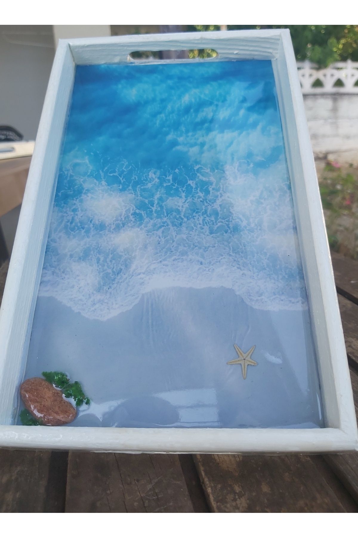 bahartsrm Deniz manzara ahşap tabanlı epoksi tepsi 26 x 16 cm