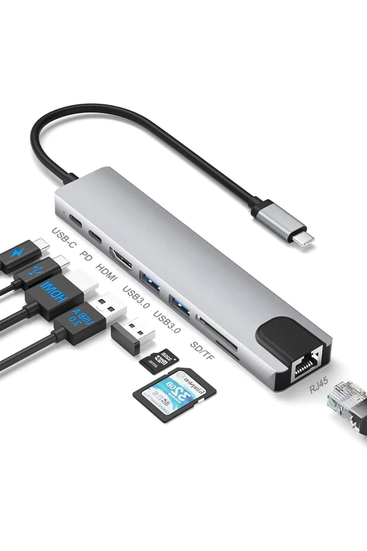 MMPSHOP Macbook Pro Air Uyumlu Type-C 8in1 Dönüştürücü Çoklayıcı Usb / Lan / Hdmı 4k / Type-c 87W Pd
