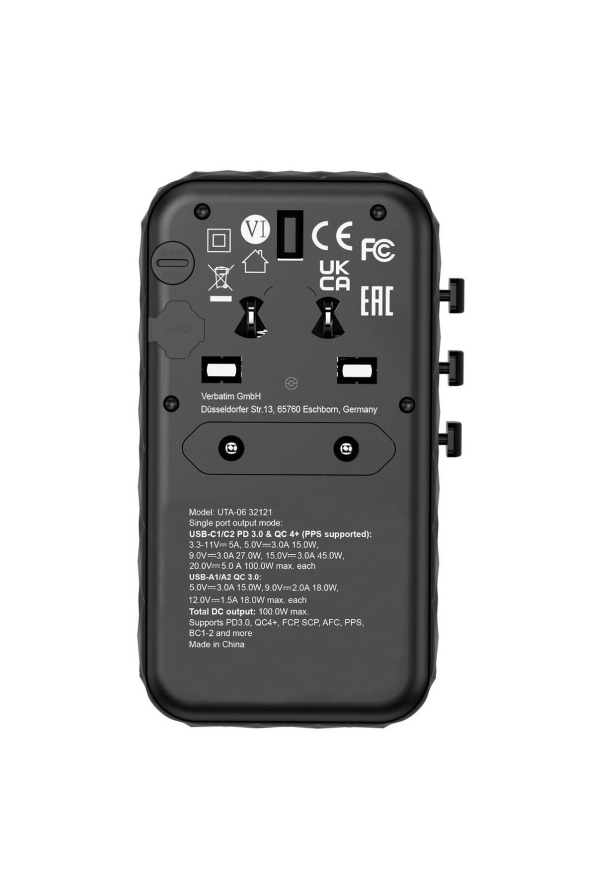 Verbatim-Incarcator retea de calatorie universal Verbatim UTA-06, 100 W, 2xUSB-C PD & QC 4+ & 2 x USB-A QC 12