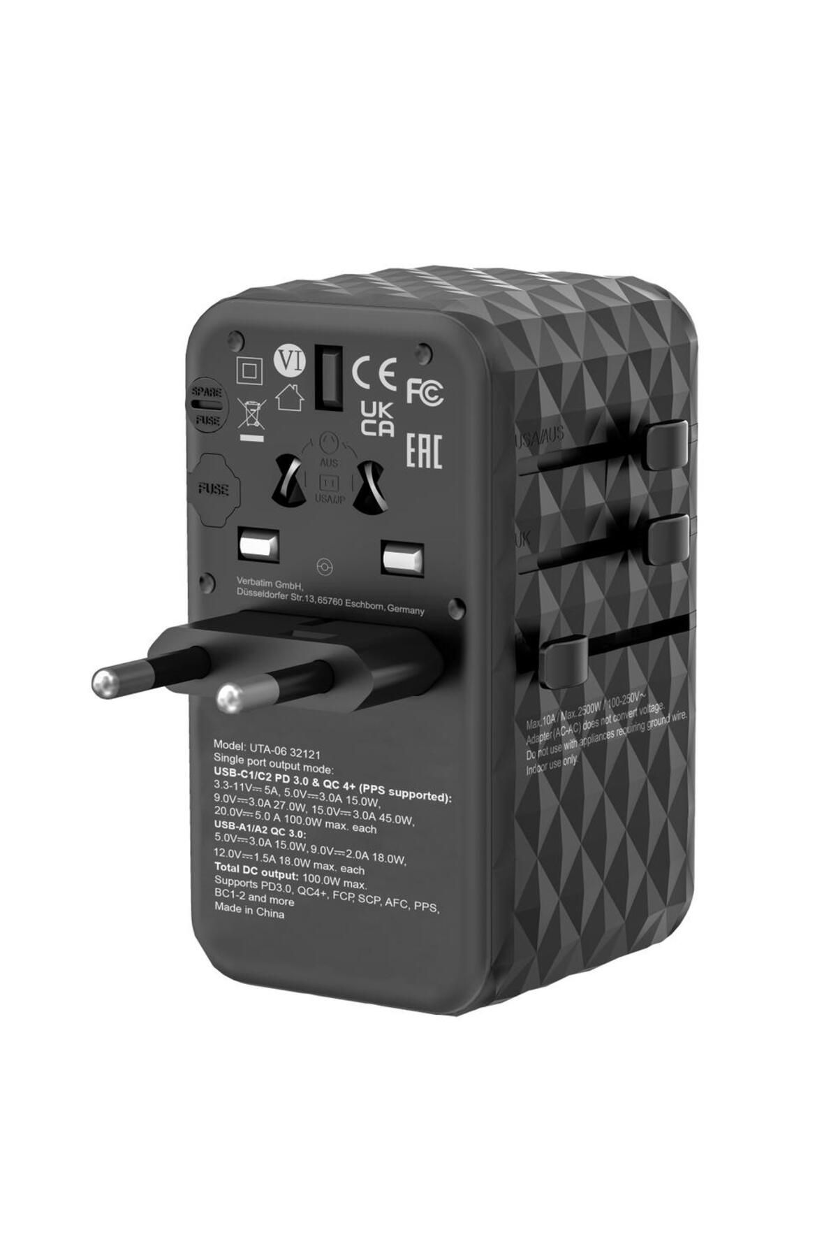 Verbatim-Incarcator retea de calatorie universal Verbatim UTA-06, 100 W, 2xUSB-C PD & QC 4+ & 2 x USB-A QC 15