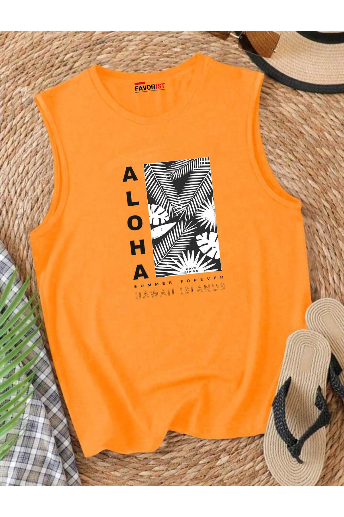 FAVORİST ALOHA SUMMER Omuzu Açık Kadın Pamuklu Kolsuz Yazlık T-shirt Atlet