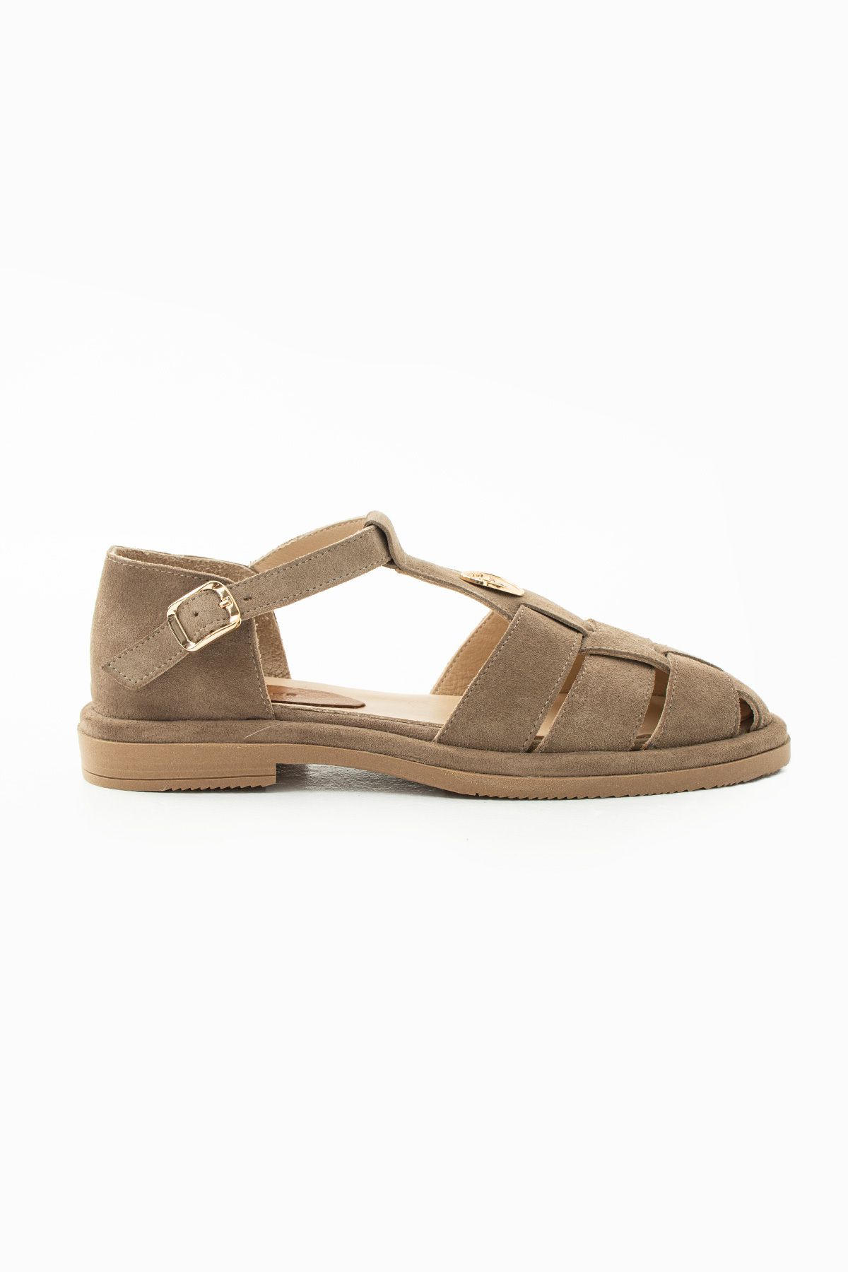 Siena Shoes Aluna Kadın Toka Detaylı Hakiki Deri Sandalet Bej Süet