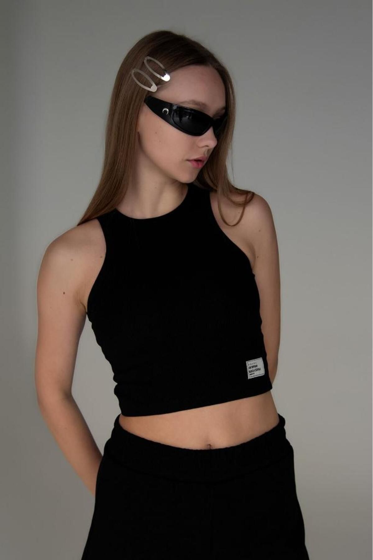 bases. Kadın Saks Halter Yaka Fitilli Crop Örme Atlet