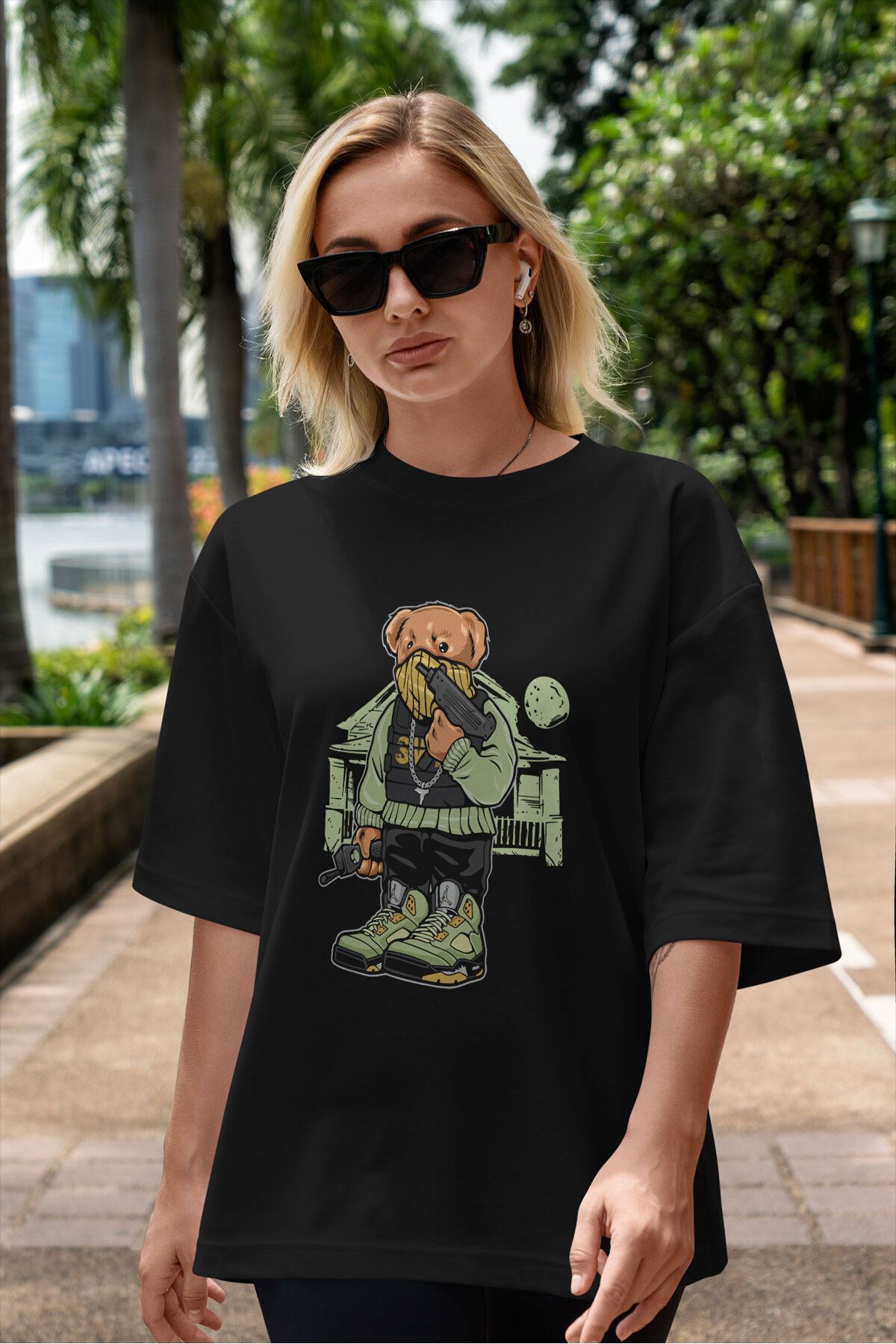 ELFAMİ Unisex Erkek/Kadın GANGSTA BEAR Özel Baskılı Oversize Pamuklu Bisiklet Yaka T-Shirt