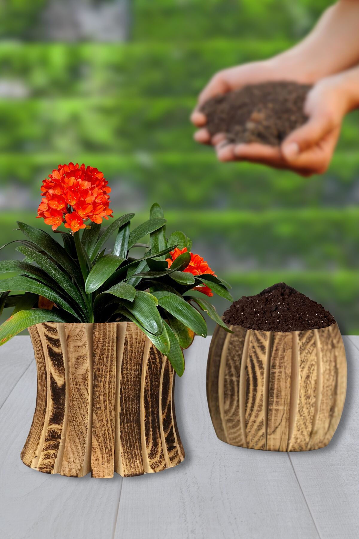 EL İŞİ DİY CRAFT Doğal Ahşapl 2'li Saksı, Bahçe, Balkon, Ev, Çiçeklik, Dekoratif Bohem Konsept Tasarım