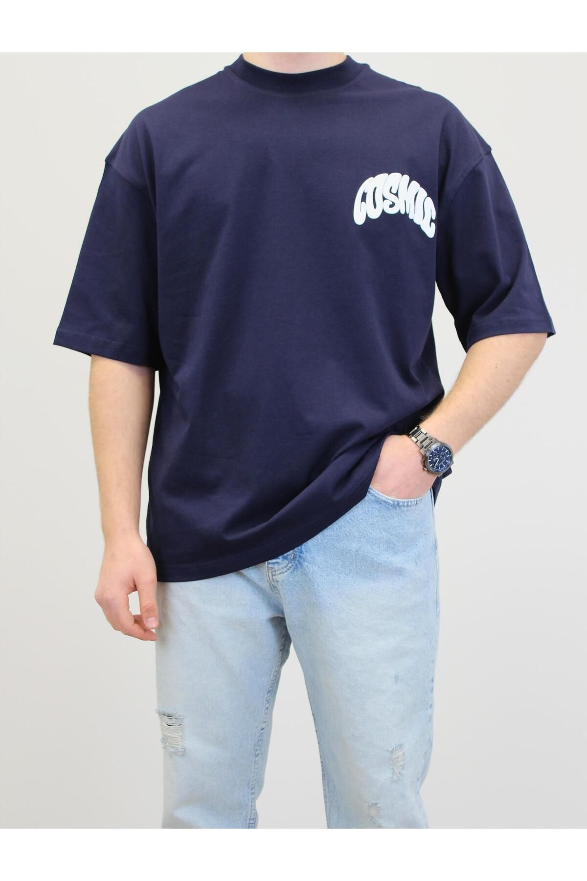 RIESGO BASKILI OVERSİZE BİSİKLET YAKA T-SHIRT LACİVERT